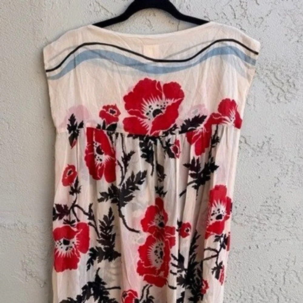 Anna Sui Cream Poppy Floral Sheer Sleeveless Shift Dress SMALL Designer Boho - Picture 9 of 9